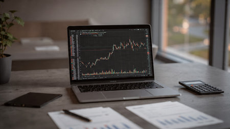Investment charts illuminate the laptop screen, complemented by economic notes and a coffee mug resting on a warm-toned wooden table.の写真素材