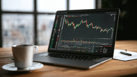 The laptop displays market fluctuations next to printed reports and a warm coffee on a smooth wooden desk.の写真素材