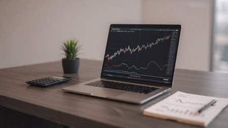 A trading terminal on a laptop is placed beside financial notes and a coffee cup on a stylish wooden desk.の写真素材