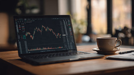 Real-time financial metrics shown on laptop next to printed analysis and hot drink.の写真素材