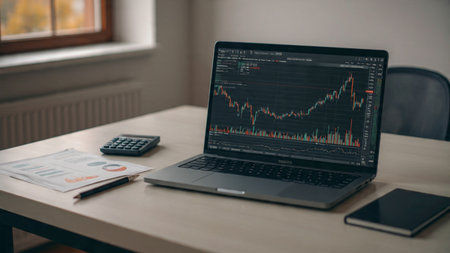 Real-time economic charts shine from a laptop surrounded by reports and coffee on a wooden desk.の写真素材