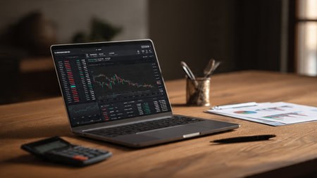 A workspace filled with financial charts, documents, and coffee atop a sleek wooden desk.の写真素材