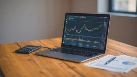 A minimal wooden desk where stock charts glow on a laptop next to notes and hot coffee.の写真素材