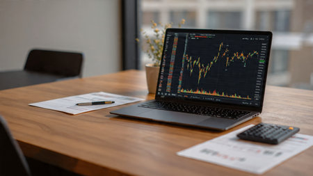 Market changes displayed on laptop while coffee and analysis reports sit on a wooden desk.の写真素材