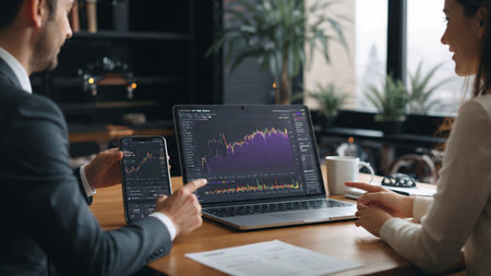A wooden desk with a laptop showing financial analytics, reports, and a warm beverage.の写真素材