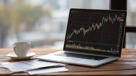 A neat layout of trading visuals, documents, and coffee against wooden desk tones.の写真素材