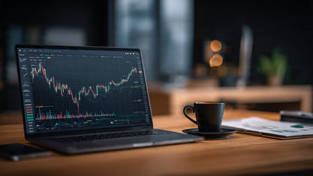 A productive desk scene includes a laptop with market data, printed charts, and a coffee mug.の写真素材