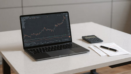 A tidy wooden desk shows trading analytics on a laptop surrounded by papers.の写真素材