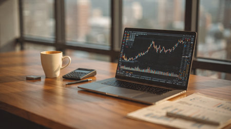 A minimalist wooden workspace showcasing laptop charts and supporting documents with coffee.の写真素材