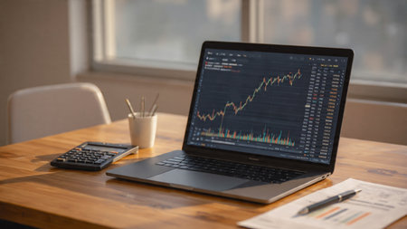 A laptop showing trend lines sits on a desk with documents and a steaming coffee cup.の写真素材