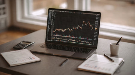 Clean financial workspace featuring trading dashboards, printed analytics, and a modern coffee cup.の写真素材