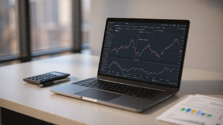 A professional trading environment with charts, documents, and coffee cup on desk.の写真素材