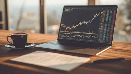 Clear trading visuals on laptop complemented by documents and warm drink on wooden desk.の写真素材