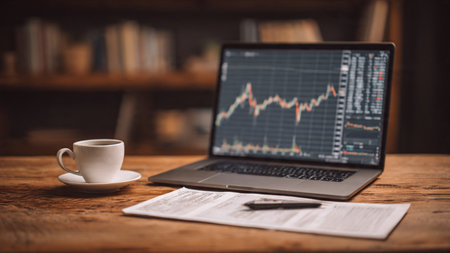 Trading view charts on laptop complement the coffee and documents on a sleek desk.の写真素材