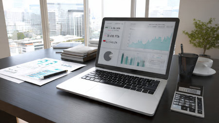 A polished desk setup with market analytics, printed documents, and hot beverage.の写真素材