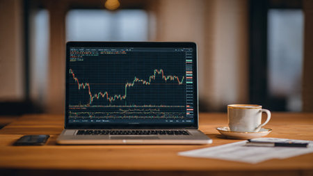 A wooden desk arranged with a laptop showing stock movements, printed market summaries, and a cup of freshly brewed coffee.の写真素材