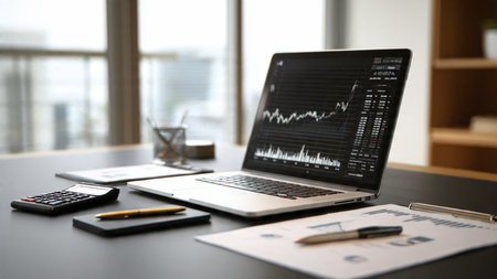 A laptop screen full of chart patterns paired with financial summaries and coffee.の写真素材