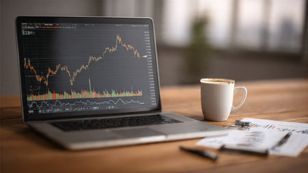 Market analytics on laptop alongside financial summaries and coffee on wooden desk.の写真素材