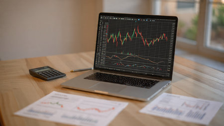 A wooden desktop scene showing colorful trading charts on a laptop, financial notes, and a fresh cup of coffee.の写真素材