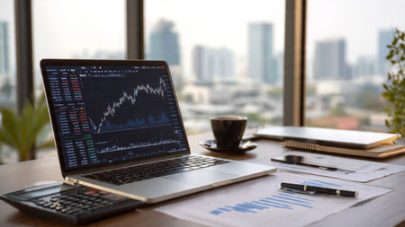 A focused trading desk displaying indicators on a laptop alongside documents and coffee.の写真素材