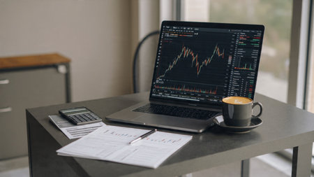 A trading workstation featuring detailed candlestick charts, economic trend reports, and a coffee mug atop a minimalist wooden table.の写真素材