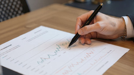 A minimal trading desk with stock charts glowing beside research documents and a warm drink.の写真素材
