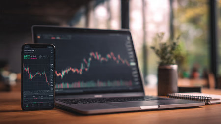 A minimal desk environment with stock indicators glowing on a laptop and a fresh mug of coffee.の写真素材