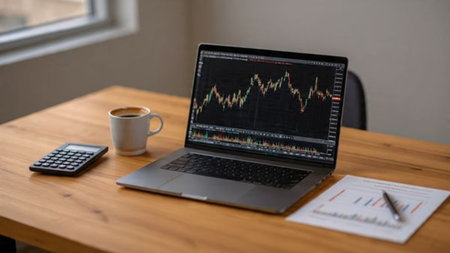 A detail-rich laptop screen with trading charts sits next to analytic papers and a hot coffee.の写真素材