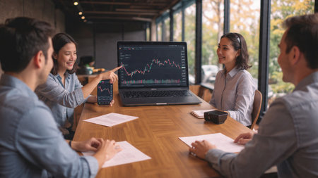 A laptop lit with economic trends sits among documents and coffee on a modern desk.の写真素材