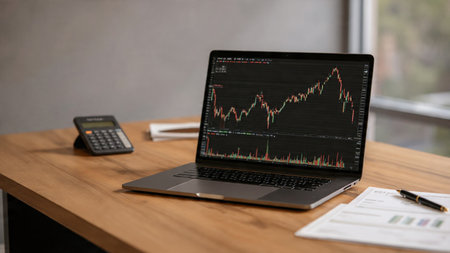 A bright trading table with financial dashboards on a laptop and warm coffee on a wooden surface.の写真素材