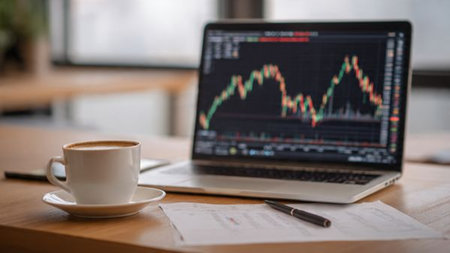 A quiet office desk with financial market graphs on a laptop, supporting documents, and a warm coffee.の写真素材