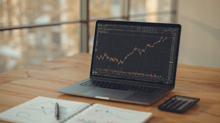A digital stock dashboard on a laptop sits beside written reports and a hot drink on a modern desk.の写真素材