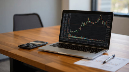 Market changes displayed on laptop while coffee and analysis reports sit on a wooden desk.の写真素材