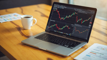 A laptop displaying real-time financial data with coffee and documents arranged neatly.の写真素材