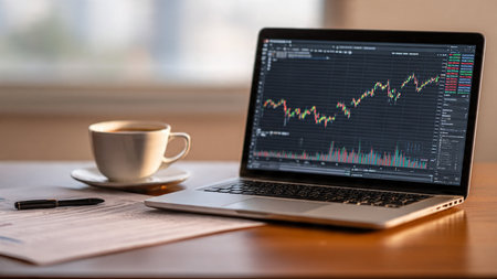 A wooden office desk with economic indicator charts glowing on a laptop beside a coffee cup.の写真素材