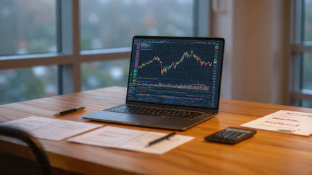 A polished desk setup with market analytics, printed documents, and hot beverage.の写真素材