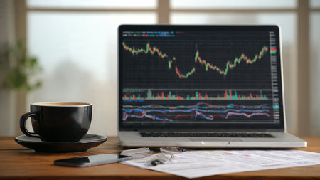 A warm office desk displaying fluctuating market charts and a coffee cup beside analysis sheets.の写真素材