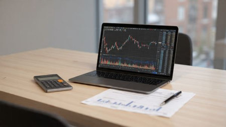 A focused workspace with financial charts on laptop, coffee steam rising beside it.の写真素材