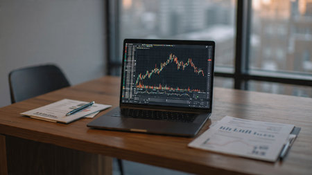 A clean wooden desk with stock analysis charts glowing on a laptop beside a warm drink.の写真素材