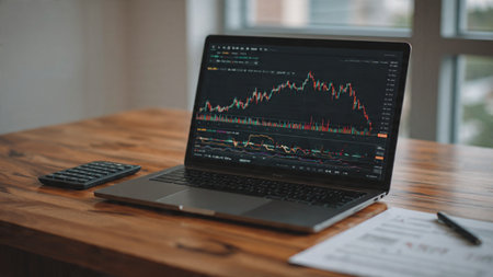 A polished wooden desk decorated with laptop market data, pens, papers, and coffee.の写真素材