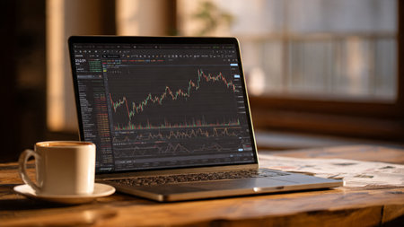 Laptop showing stock market heat maps sits near financial references and coffee on a desk.の写真素材