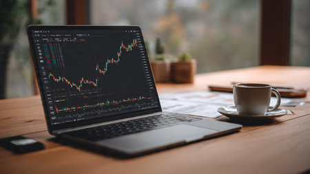Market analysis tools are shown on a laptop placed next to notes and coffee on a warm wooden surface.の写真素材