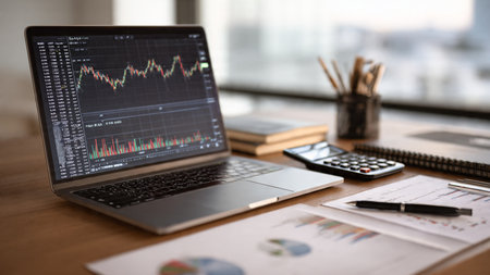 Economic indicators appear on a laptop with documents spread around and coffee on a modern wooden surface.の写真素材