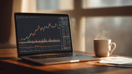 A laptop displaying trading platforms surrounded by notes and a steaming cup on a wooden surface.の写真素材