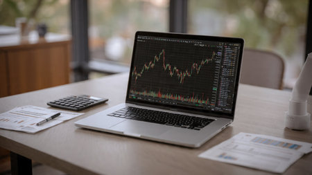 Laptop screen displays dynamic market indicators next to paper documents and coffee.の写真素材