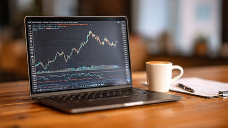 A bright laptop screen shows trading data, accompanied by analysis papers and coffee on a clean wooden table.の写真素材