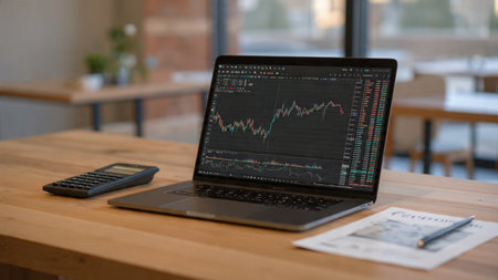A sleek laptop showing stock trends rests next to documents and a steaming coffee on a clean wooden desktop.の写真素材