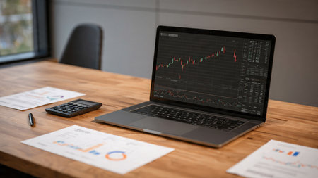 Trading view charts on laptop complement the coffee and documents on a sleek desk.の写真素材