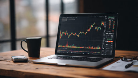 A financial desk with bright laptop charts, scattered analysis papers, and warm coffee.の写真素材