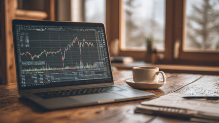 Laptop showing real-time stock flow sits beside reports and coffee on a clean desk.の写真素材